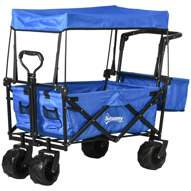 Best Folding Trolley Cart Storage Wagon Beach Trailer 4 Wheels with Handle Overhead Canopy Cart Push Pull for Camping, Blue
