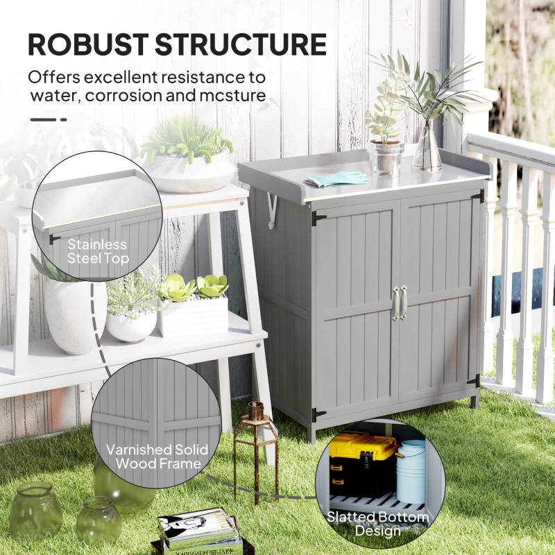 Best Wooden Garden Shed, Garden Tool Storage Shed with Hinged Roof and Shelf, Outdoor Storage Cabinet with Double Doors, Grey - Image 7