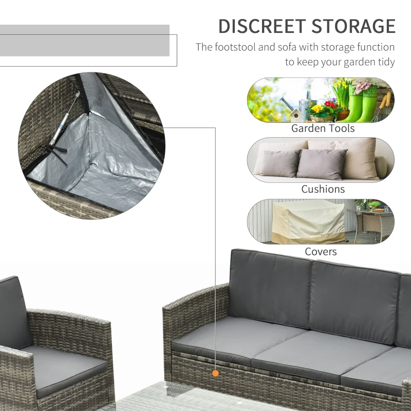 Best Rattan Garden Furniture Outdoor Patio 5 Piece Wicker Weave Sofa Set with Storage, Cushioned, 3-Seater Sofa + 2 Single Chairs + Foot Stool + Coffee Table - Image 7