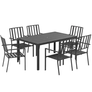 Best Seven-Piece Minimal Metal Garden Dining Set, with Parasol Hole - Black