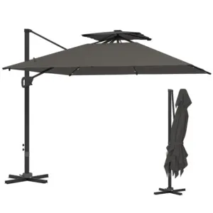 Best 3.5x3 m Garden Cantilever Parasol with Solar LED Lights and Centre Light, Aluminium Large Square Patio Umbrella, UPF50+ Hanging Sun Shade with Cross Base, Crank Handle and Tilt, Grey