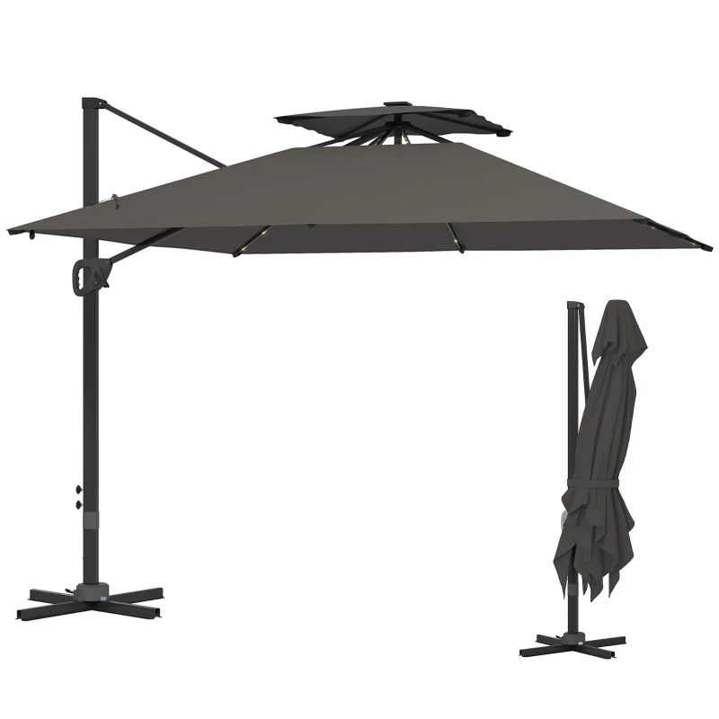 Best 3.5x3 m Garden Cantilever Parasol with Solar LED Lights and Centre Light, Aluminium Large Square Patio Umbrella, UPF50+ Hanging Sun Shade with Cross Base, Crank Handle and Tilt, Grey