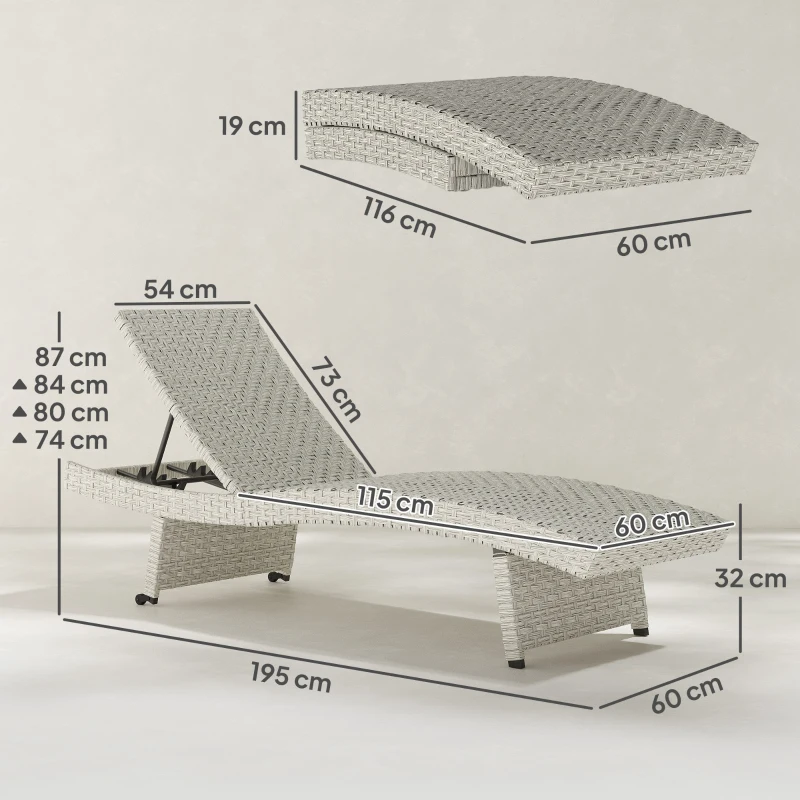 Best Outdoor PE Rattan Sun Lounger, Folding Wicker Garden Lounger Recliner with 4-Level Adjustable Backrest, Rolling Sunbed Lounge Chair with Wheels, Non-Slip Legs for Balcony, Beach, Grey - Image 3