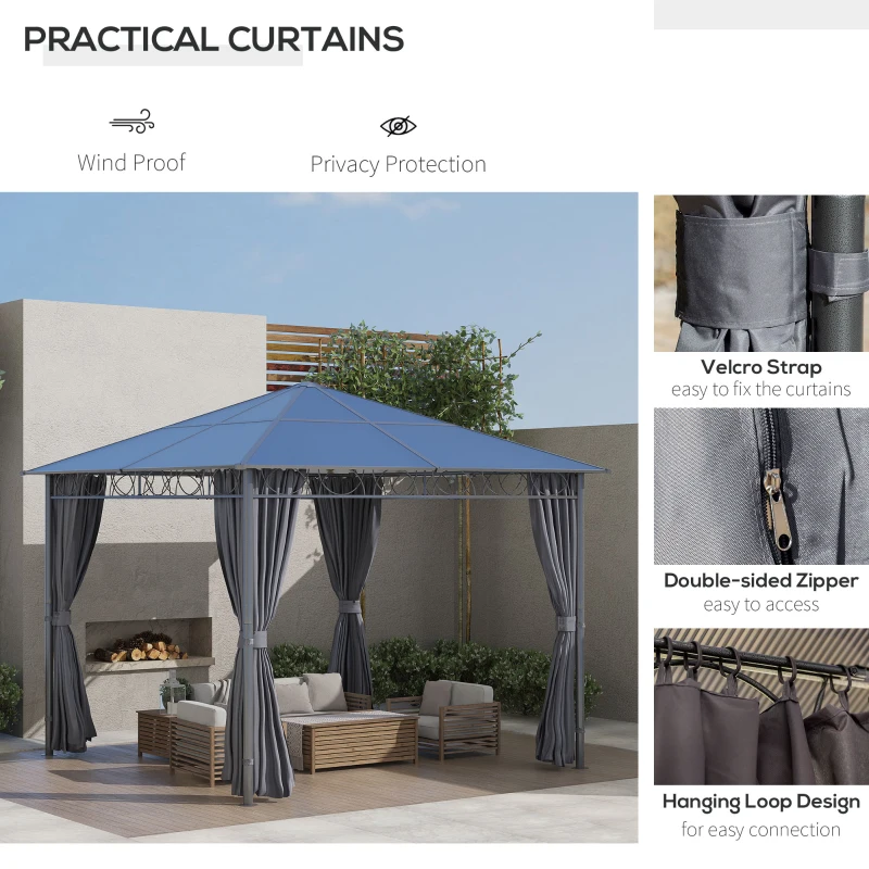 Best 3 x 3(m) Hardtop Gazebo Canopy with Polycarbonate Roof, Permanent Pavilion Garden Gazebo with Curtains for Patio, Deck, Grey - Image 5