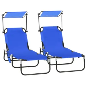 Best Set of Two Folding Sun Loungers, with Adjustable Backs and Sun Canopies - Blue