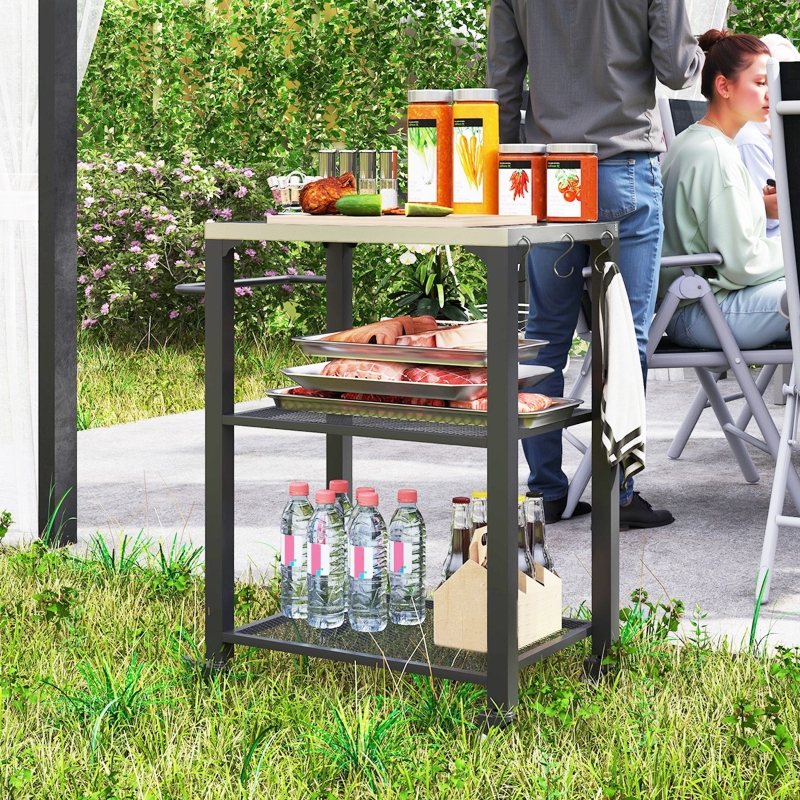 Best Three-Shelf Outdoor Grill Cart with Stainless Steel Top, Outdoor Kitchen Island with 4 Wheels, 3 Hooks, Movable Food Prep Pizza Oven Table for Kitchen, Patio, Garden, 65.5 x 41 x 79 cm - Image 10