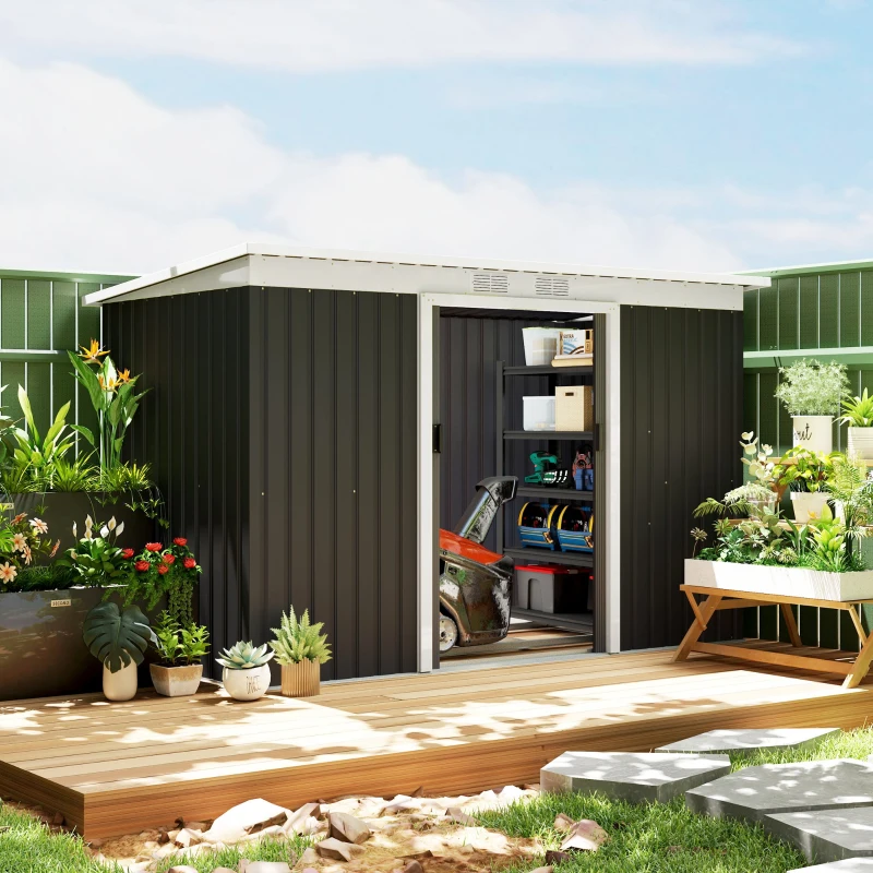 Best 9ft x 4ft Metal Garden Shed, Outdoor Tool House with Foundation Kit, Ventilations and Double Doors, Dark Grey - Image 2