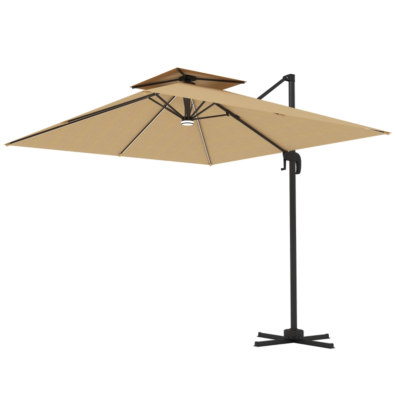 Best 2.5m Cantilever Parasol with Solar Powered LED Lights, 360° Rotation, Tilt Adjustment, Crank Handle, Khaki - Image 11