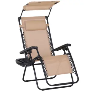 Best Foldable Reclining Garden Chair with Headrest, Zero Gravity Deck Sun Lounger Seat Chair with Footrest, Armrest, Cup Holder & Canopy Shade, Beige