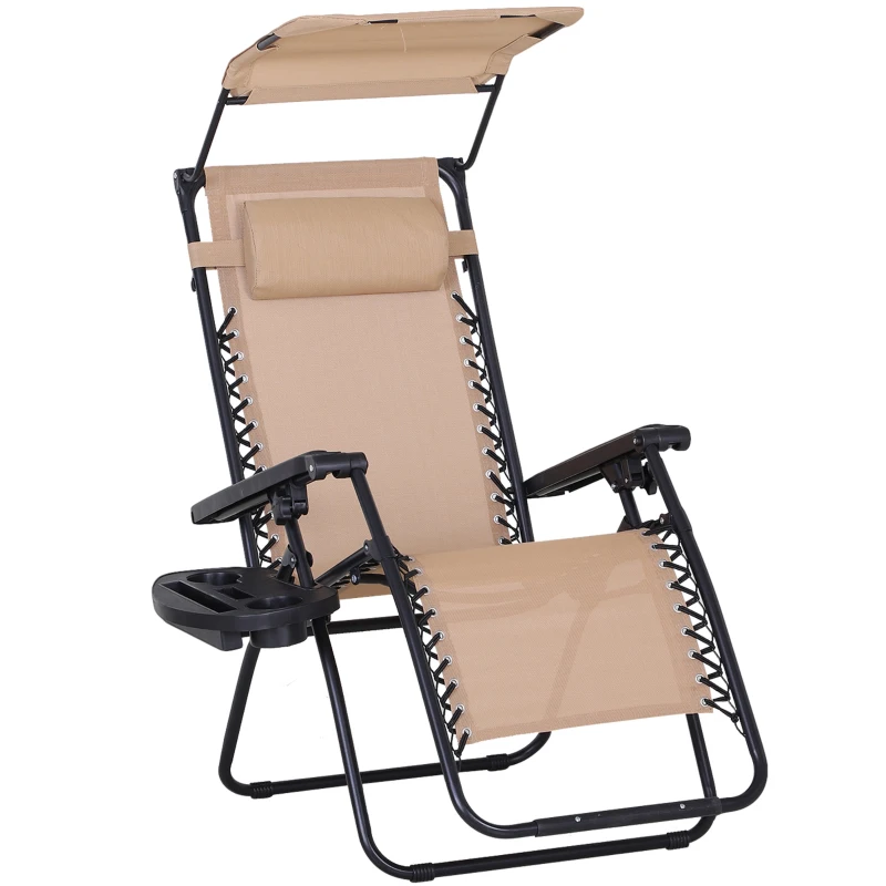 Best Foldable Reclining Garden Chair with Headrest, Zero Gravity Deck Sun Lounger Seat Chair with Footrest, Armrest, Cup Holder & Canopy Shade, Beige