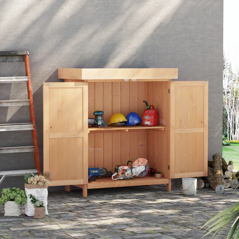 Best Wooden Garden Storage Shed with Hinged Roof and Shelves, Outdoor Storage Cabinet Chest, Double Doors, 74 x 43 x 88cm, Burlywood - Image 2