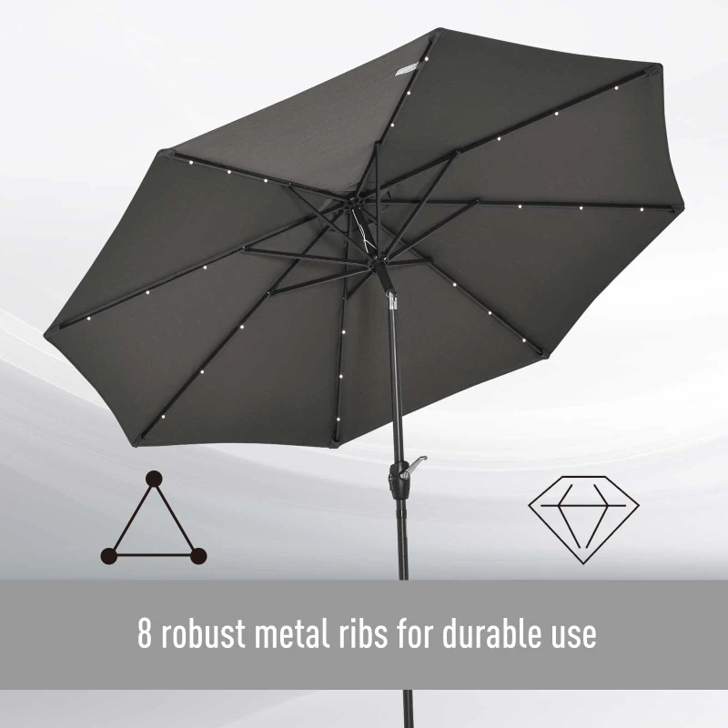 Best Φ2.7m Garden 24 LED Light Parasol Solar Outdoor Tilt Sun Umbrella Patio Club Party Event Manual Sun Shade w/ Hand Crank and 8 Ribs, Grey - Image 8