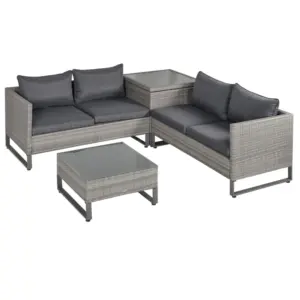 Best 4 Pieces Rattan Garden Furniture Set, 4 Seater Garden Sofa Set with Storage Box, Loveseats and Glass Top Table, Wicker Outdoor Conservatory Furniture with Cushions for Outdoor, Patio, Grey