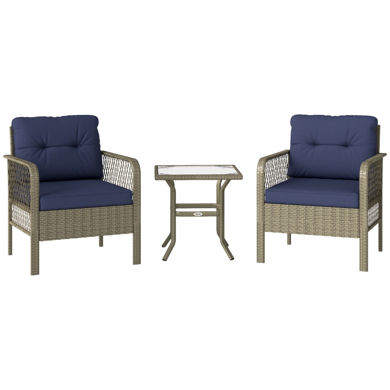 Best 3 Pieces Rattan Bistro Set with Glass Top Coffee Table, Chairs and Cushions for Outdoor, Patio, Balcony, Charcoal Grey - Image 10