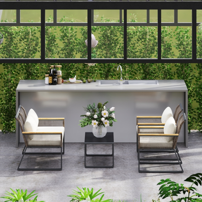 Best Four Piece Wicker Rope Garden Furniture Set with Glass Top Coffee Table - Grey - Image 9