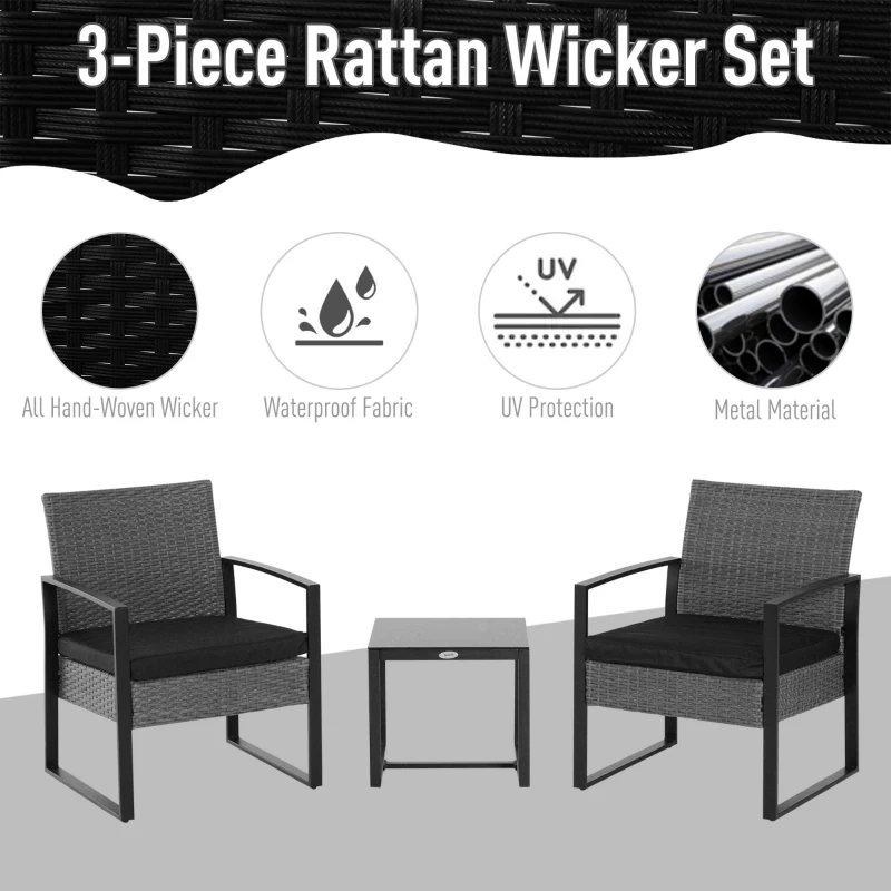 Best 2 Seater Rattan Patio Set W/ Cushions-Grey/Black - Image 4