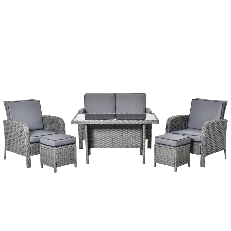 Best 6 Pieces Rattan Garden Furniture Set, 6 Seater Garden Sofa Set with Glass Top Dining Table, Loveseat, 2 Armchairs and Ottomans, Wicker Outdoor Conservatory Furniture for Patio, Grey - Image 11