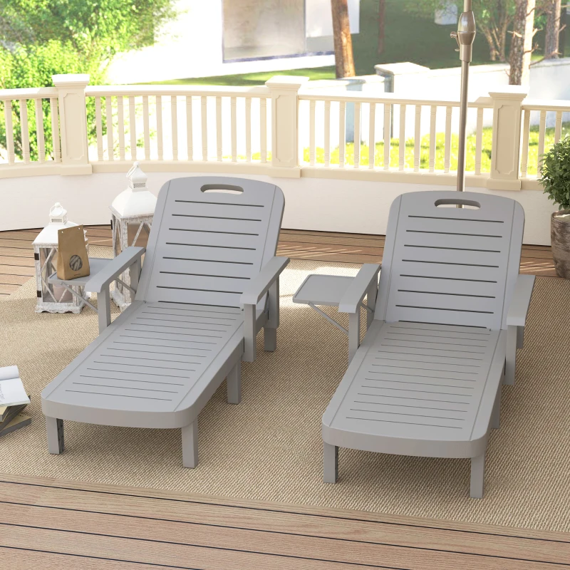 Best Set of 2 Resin Reclining Sun Loungers for Garden, 5 Positions Adjustable Outdoor Chaise Lounge Chairs with Wood Texture Surface, Armrests, Foldable Side Table for Garden, Beach, Light Grey - Image 8
