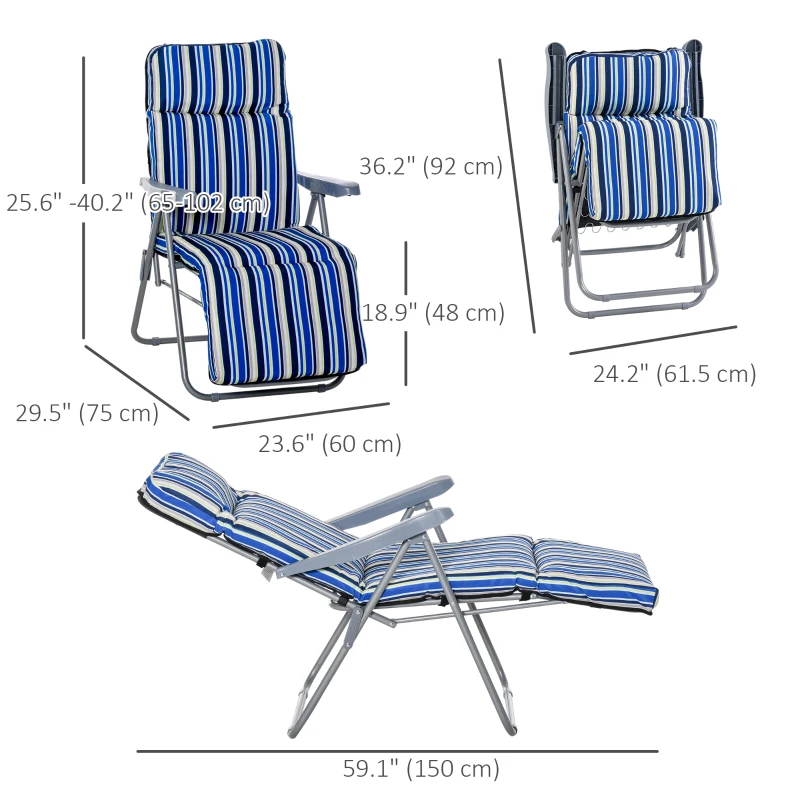 Best Reclining Garden Chair Set of 2, 5-Level Adjustable Zero Gravity Chairs with Cushions, Folding Sun Lounger Garden Recliner Chairs with Armrests for Outdoor, Patio, Blue Stripe - Image 3