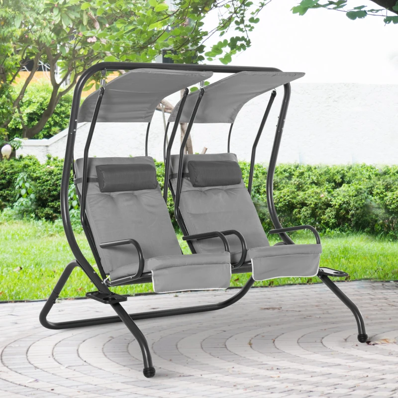 Best Canopy Swing 2 Separate Relax Chairs w/ Handrails and Removable Canopy Grey - Image 2