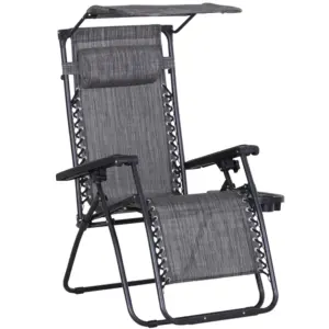 Best Foldable Reclining Garden Chair with Headrest, Zero Gravity Deck Sun Lounger Seat Chair with Footrest, Armrest, Cup Holder & Canopy Shade, Grey