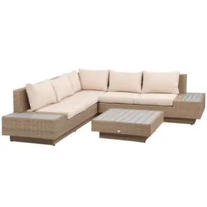 Best 4 Pieces Rattan Garden Furniture Set, Garden Corner Sofa with Side Trays, Wicker Conservatory Furniture Set with Loveseats, Slatted Plastic Top Coffee Table and Cushions, Beige