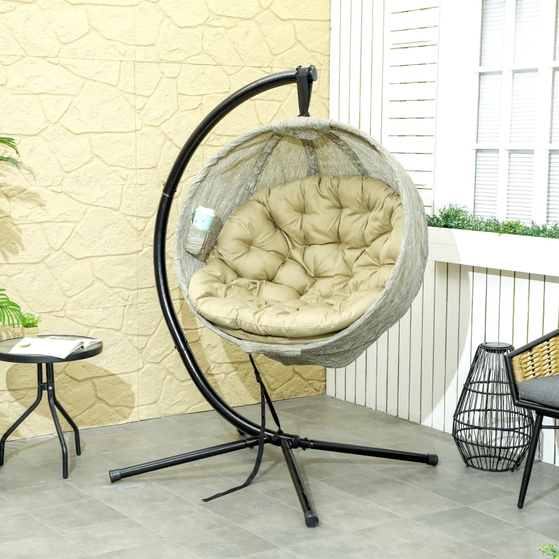 Best Hanging Egg Chair Outdoor Indoor Garden Swing Chair with Folding Basket, Garden Hanging Chair with Stand, Thickened Cushion, Cup Holder for Patio, Balcony, Khaki - Image 2