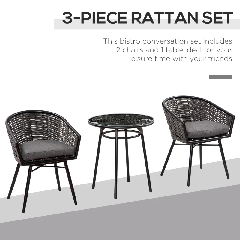Best 3 Pieces Rattan Bistro Set, Wicker Garden Furniture Set with Round Glass Top Coffee Table and Chairs, Washable Cushions for Outdoor, Patio, Balcony, Grey - Image 5
