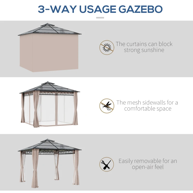 Best 3 x 3 (m) Outdoor Polycarbonate Gazebo, Double Roof Hard Top Gazebo with Galvanised Steel Frame, Nettings & Curtains for Garden, Lawn, Patio and Deck, Khaki - Image 5