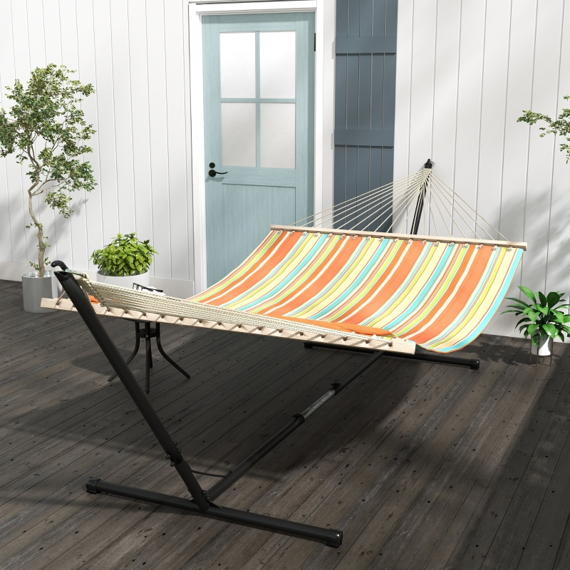 Best Outdoor Garden Hammock with Stand, Double Cotton Hammock with Adjustable Steel Frame, Swing Hanging Bed with Pillow, for Garden, Patio, Beach, Red Stripes - Image 10