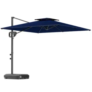 Best Cantilever Parasol with Weighted Base Double Top Garden Parasol Square Hanging Patio Umbrella with Crank Tilt Dark Blue