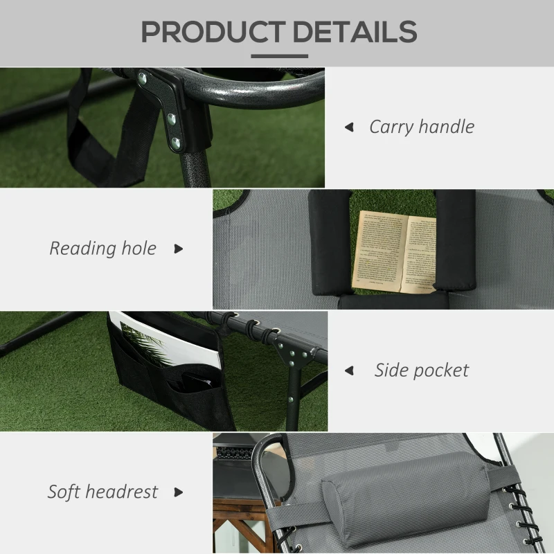 Best Folding Sun Lounge with 5-level Reclining Back, Outdoor Tanning Chair with Reading Hole, Outdoor Sun Lounge with Side Pocket, Headrest, for Beach, Yard, Patio, Grey - Image 5