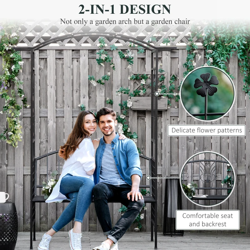 Best Steel Frame Outdoor Garden Arch w/ 2-Seater Bench Flower Climber Black - Image 7