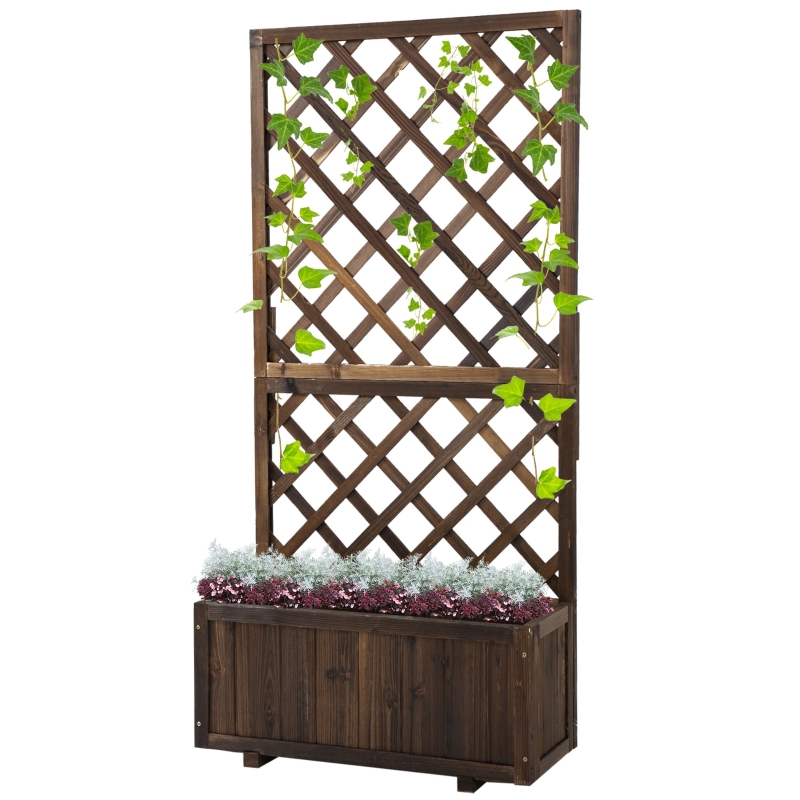 Best 72.5 x 31.5 x 149.5 cm 45L Garden Wooden Pine Trough Planter with Topped Trellis Climbing Plants Flower Raised Bed, Carbonised Finish - Image 11
