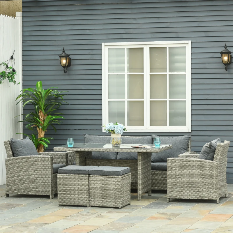 Best 6 Pieces PE Rattan Garden Furniture Set with Three-seat, Armchairs and Footstools, Aluminium Patio Wicker Dining Sets w/ Glass Top Dining Table, Soft Cushion, Light Grey - Image 2