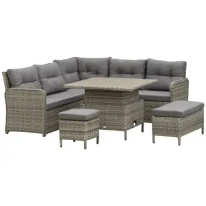Best 6 Pieces Outdoor PE Rattan Garden Furniture, Patio Wicker Sectional Conversation Corner Sofa w/ Soft Padded Cushion & Liftable Coffee Table, Grey
