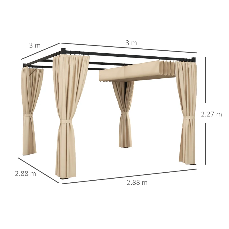 Best 3 x 3(m) Retractable Pergola, Garden Gazebo Shelter with Curtains, for Grill, Patio, Deck, Beige - Image 3