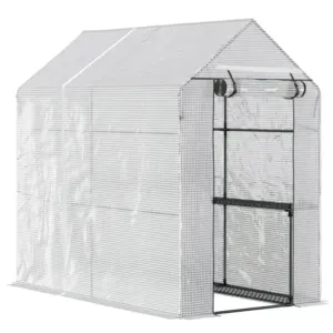 Best Walk In Greenhouse with 2-Tier Shelves, Roll up Zip Panel Door, Garden Polytunnel Steeple Grow House for Outdoor, 6 x 4 x 6ft White
