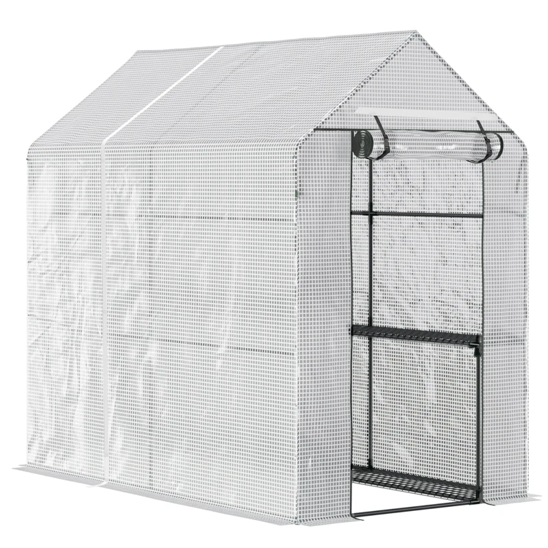 Best Walk In Greenhouse with 2-Tier Shelves, Roll up Zip Panel Door, Garden Polytunnel Steeple Grow House for Outdoor, 6 x 4 x 6ft White
