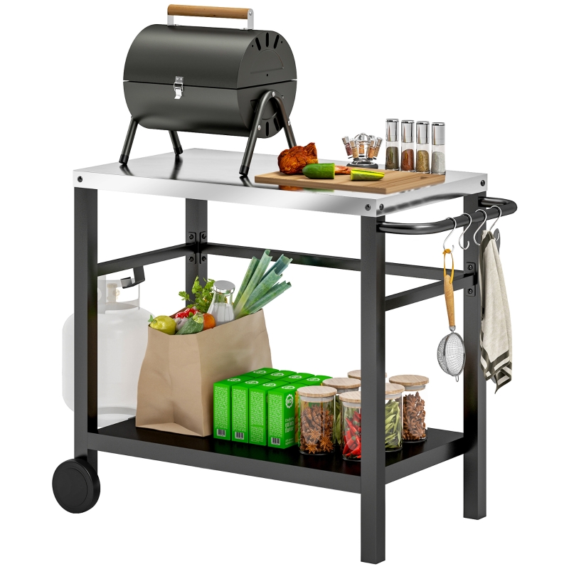 Best Outdoor Grill Dining Cart 2-Shelf Movable Pizza Oven Table Stand with Stainless Steel Top, Portable BBQ Trolley Food Prep Outdoor Kitchen BBQ Station with Hooks Wheels Handle, Charcoal Grey - Image 10