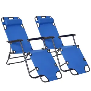 Best 2 Pieces 2 in 1 Sun Lounger Folding Reclining Chair Garden Outdoor Camping Adjustable Back with Pillow, Blue