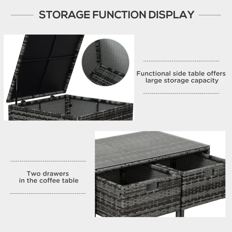 Best 4 Pcs Rattan Wicker Garden Furniture Patio Sofa Storage & Table Set w/ 2 Drawers Coffee Table,Great Cushioned 4 Seats Corner Sofa - Grey - Image 7