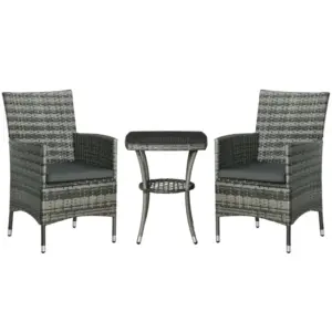 Best 3 Pieces Rattan Bistro Set, Wicker Garden Furniture Set with 2-Tier Coffee Table and Chairs, Washable Cushions, for Outdoor Patio Balcony, Mixed Grey