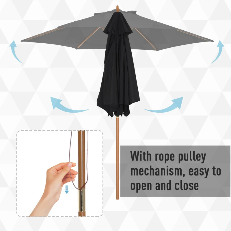 Best Wooden Garden Umbrella Sun Shade with Top Vents, Bamboo Ribs and Sturdy Wood Pole, Black - Image 6