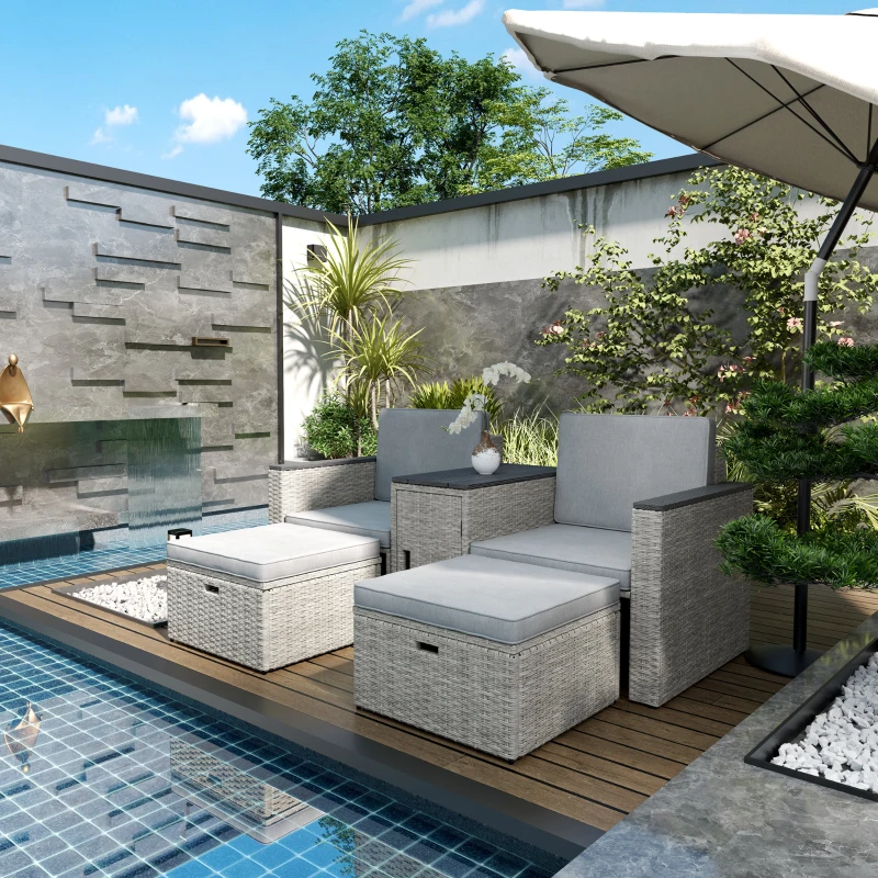 Best 5 Piece Rattan Garden Furniture Set, Nesting Outdoor Furniture Conversation Set with 2 Footstools, WPC Storage Coffee Table and Cushions, Wicker Garden Sofa for Conservatory, Terrace, Grey - Image 2