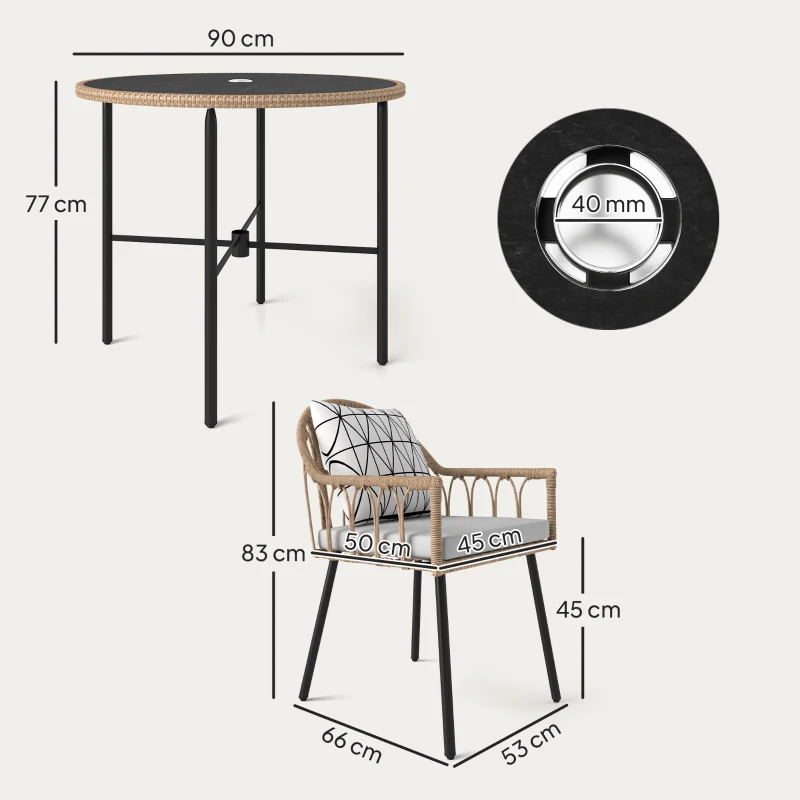 Best 5 Piece Patio Rattan Dining Set, Wicker Garden Table and Chairs w/ Removable Seat & Back Cushions, Round Tempered Glass Tabletop, Parasol Hole, Outdoor Furniture Conservatory Set, Light Brown - Image 3