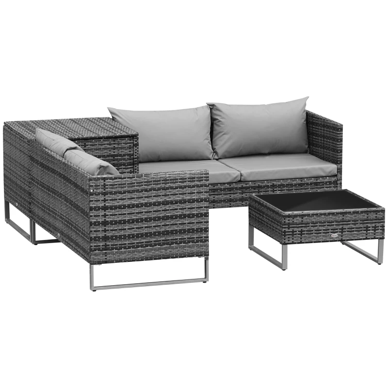 Best 4pc Garden Rattan Wicker Outdoor Furniture Patio Corner Sofa Love Seat and Table Set with Cushions Side Desk Storage, Mixed Grey