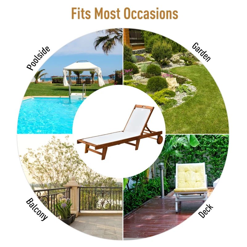 Best Outdoor Acacia Wood Texteline Beach Sun Lounger Garden Patio Sunbed Recliner Chaise Adjustable Backrest with Wheels - Image 7