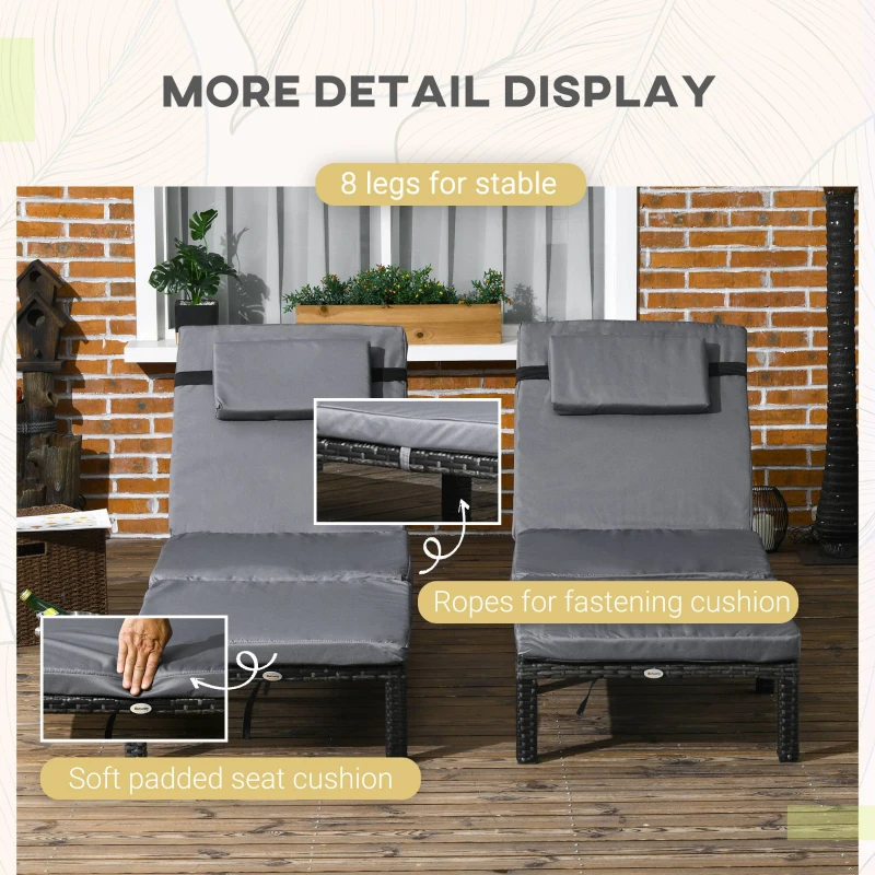 Best Set of Two Reclining Rattan Sun Loungers, with Cushions - Grey - Image 6