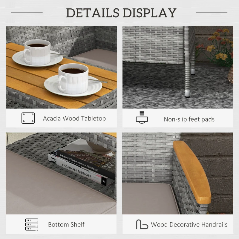 Best Two-Seat Rattan Loveseat, with Wood-Top Middle Table - Grey - Image 6